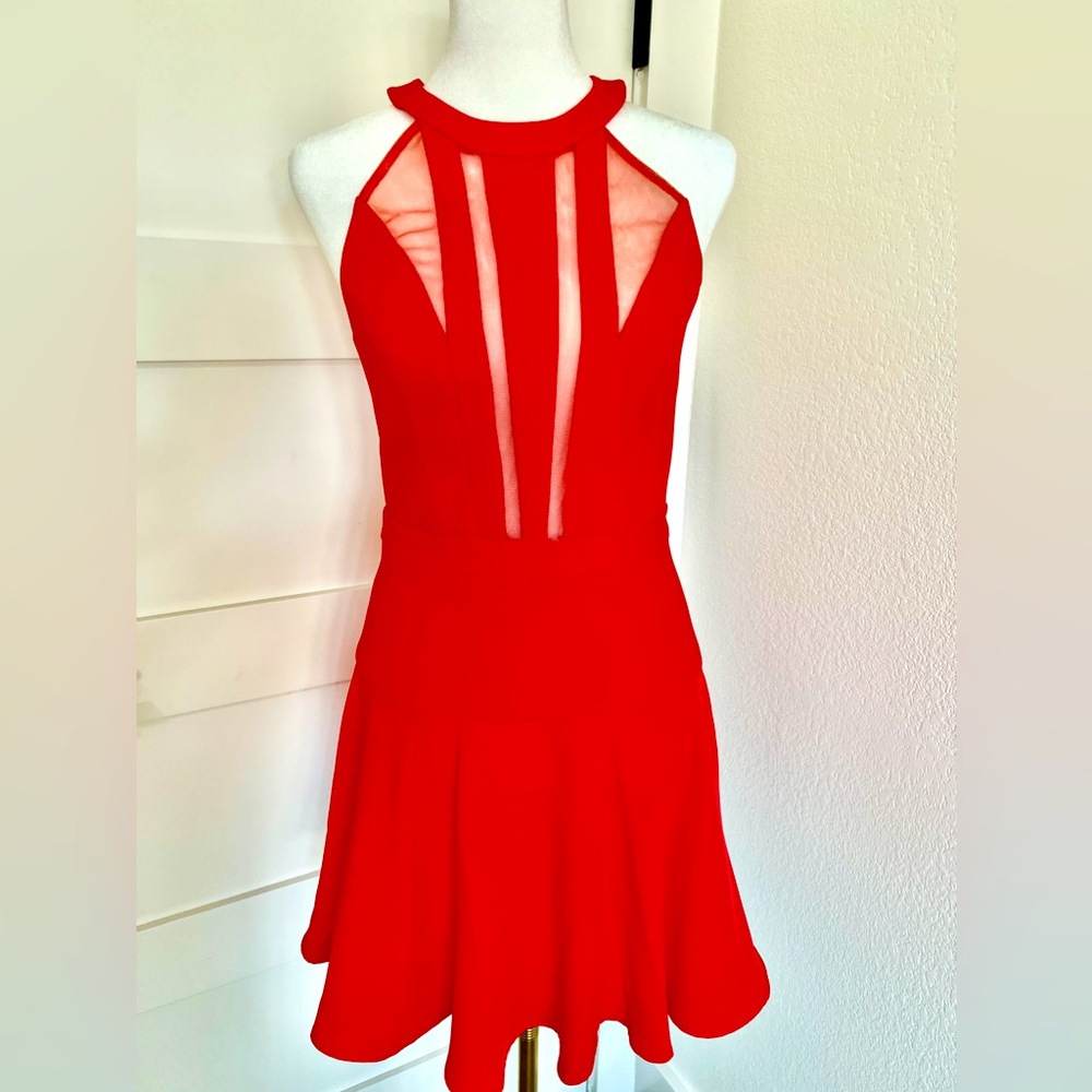 BCBG Maxazria Tatyana Red Halter Cocktail Mesh Inset Dress Women